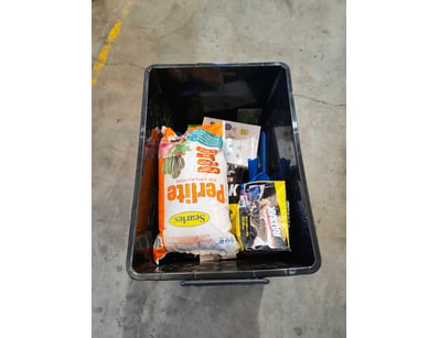 Box lot of garden tools, including Perlite soil mi...