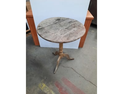Timber style table, three feet, brown finish.

Dim...