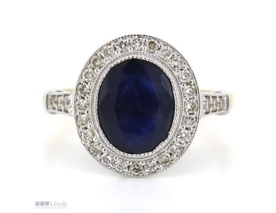 14K YELLOW GOLD, BLUE SAPPHIRE AND DIAMOND, HALO R...