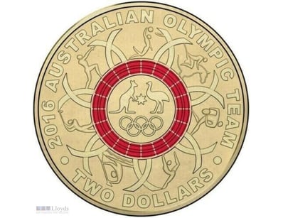 2016 $2 RED RIO OLYMPIC RING AUSTRALIAN TWO DOLLAR...