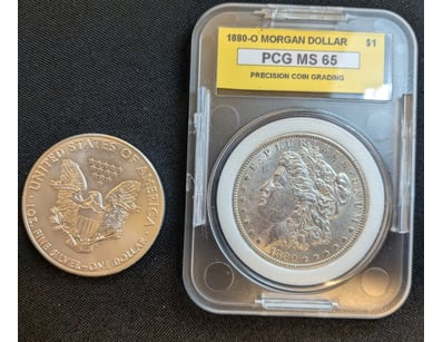 PCG 1880 USA 1OZ SILVER DOLLAR COIN AND 2015 USA 1...