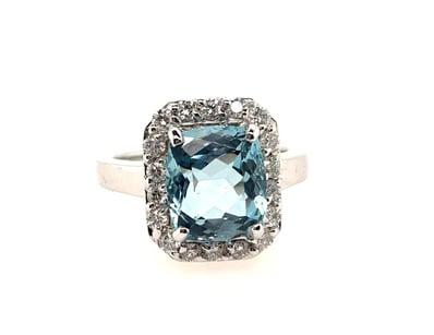 18CT WHITE GOLD (XRF TESTED) AQUAMARINE AND DIAMON...