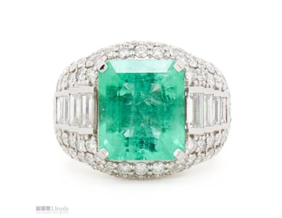 14K WHITE GOLD, 6.03CT COLOMBIAN EMERALD AND DIAMO...