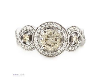 14K WHITE GOLD AND DIAMOND, HALO TRILOGY RING.    ...