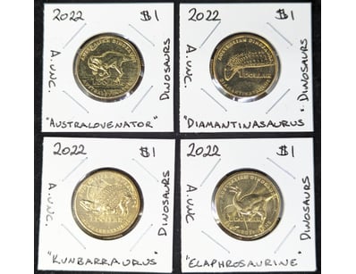 FOUR 2022 AUSTRALIAN DINOSAUR ONE DOLLAR COIN SET...