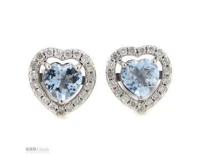 14K WHITE GOLD, AQUAMARINE AND DIAMOND, HALO HEART...