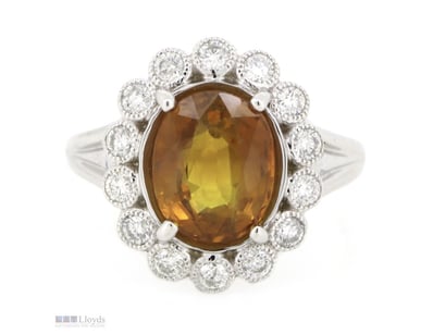 14K WHITE GOLD, ORANGE SAPPHIRE AND DIAMOND, HALO ...