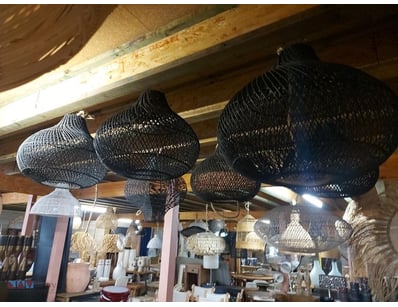 Collection of three woven pendant light fixtures f...