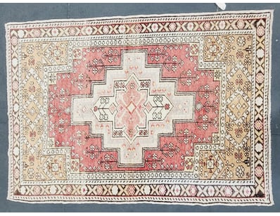 TURKISH ANATOLIAN WOOL RUG WITH GEOMETRIC MEDALLIO...