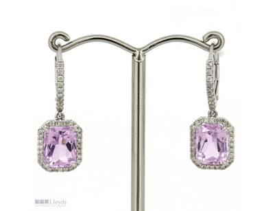 14K WHITE GOLD, KUNZITE AND DIAMOND, HALO DROP EAR...