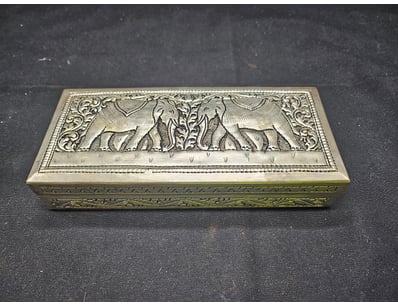 SILVER COLOURED DECORATIVE BOX WITH ELEPHANT MOTIF...