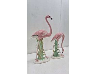 PAIR OF CERAMIC FLAMINGO FIGURINES WITH REEDED STE...