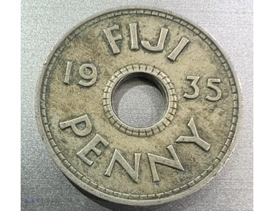1935-FIJI-KING GEORGE HOLE PENNY SCARCE HIGHLY COL...