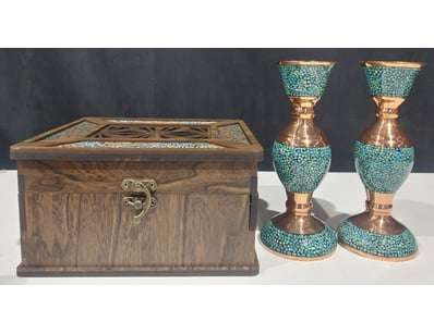 FIROOZEH KOOBI CANDLESTICKS ALONG WITH WOODEN BOX....