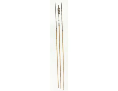 SET OF THREE SPEARS WITH BARBED AND LEAF-SHAPED HE...