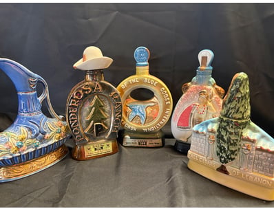 ASSORTED LOT OF PAINTED CERAMIC WHISKEY DECANTERS ...