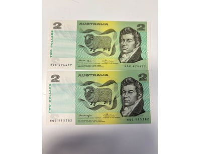 AUSTRALIAN TWO DOLLAR NOTES, 

X2 R86B (AUNC), C...