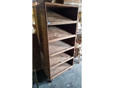 Vintage wooden shelving unit featuring five fixed ...