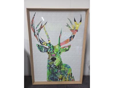 Vibrant mixed-media framed artwork featuring a sty...