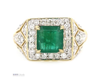 14K YELLOW GOLD, EMERALD AND DIAMOND, HALO RING.  ...