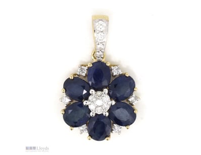 14K YELLOW GOLD, SAPPHIRE AND DIAMOND, FLOWER PEND...
