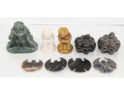 COLLECTION OF CARVED GEM STONE CRYSTALS AND JADE F...