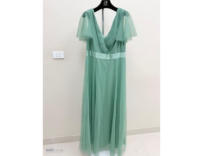 SAGE GREEN PLEATED TULLE EVENING GOWN WITH FLUTTER...