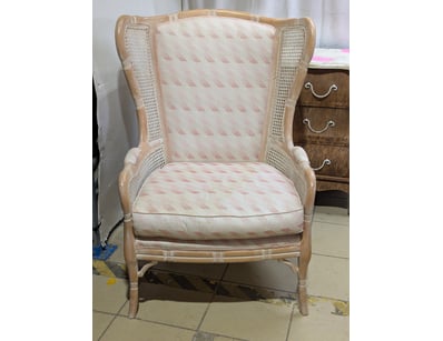 Rattan wing back chair, pink and white patterned u...
