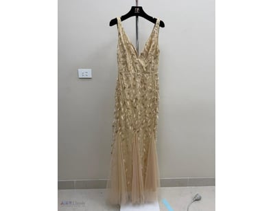 GOLD BEADED EVENING GOWN WITH TULLE SKIRT

Item Si...