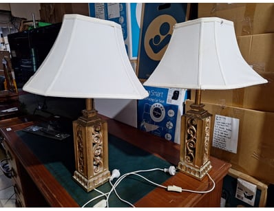 Pair Of Table Lamps, Ceramic Style, Gold & White F...