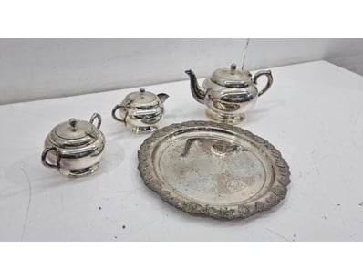 RENOWN SILVER PLATED TEA SERVICE WITH ORNATE CARRI...