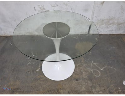 Dining Table, Glass Top, Round, White Base With Br...
