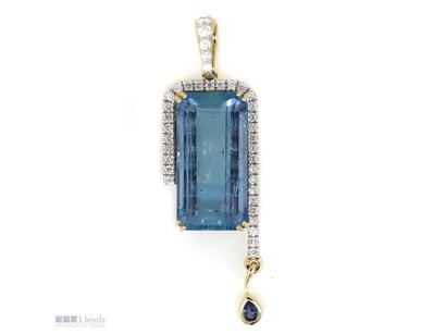 14K YELLOW GOLD, AQUAMARINE, SAPPHIRE AND DIAMOND,...
