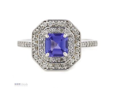 14K WHITE GOLD, TANZANITE AND DIAMOND, DOUBLE HALO...