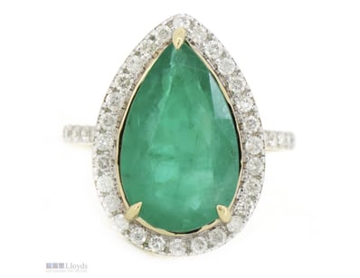 14K YELLOW GOLD, EMERALD AND DIAMOND, HALO RING.  ...