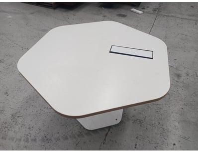Modern white pedestal dining table with rounded sq...