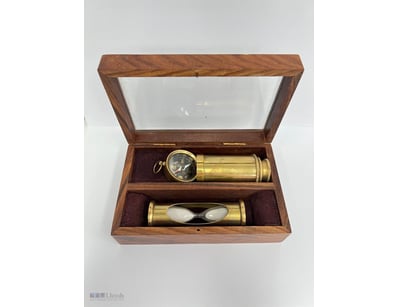 ANTIQUE NAVIGATION INSTRUMENT SET IN WOODEN DISPLA...