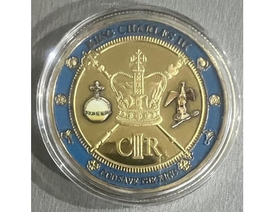 KING CHARLES CORONATION GOLD PLATED MEDALLION SCAR...
