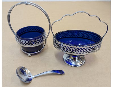 COLLECTION OF COBALT BLUE BASKET ORNAMENTS WITH SE...