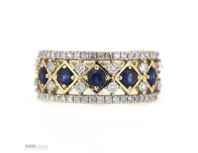 14K YELLOW GOLD, BLUE SAPPHIRE AND DIAMOND, ORNATE...