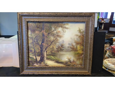 C. INNESS LANDSCAPE OIL PAINTING - RIVER SCENE WIT...