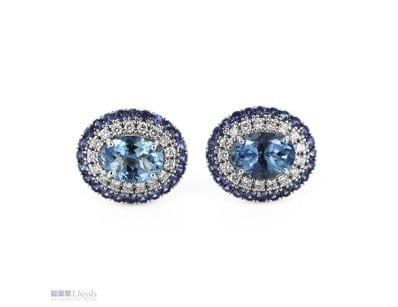 14K WHITE GOLD, AQUAMARINE, BLUE SAPPHIRE AND DIAM...