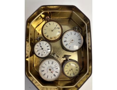 COLLECTION OF FIVE VINTAGE POCKET WATCHES IN BRASS...
