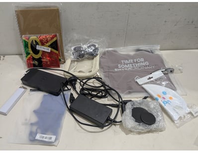 Assorted lot, includes clothing, laptop chargers d...