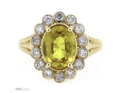 14K YELLOW GOLD, YELLOW SAPPHIRE AND DIAMOND, HALO...