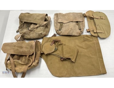 TWO WW2 ENTRENCHING TOOL COVERS, FOUR WW2 RUCKSACK...