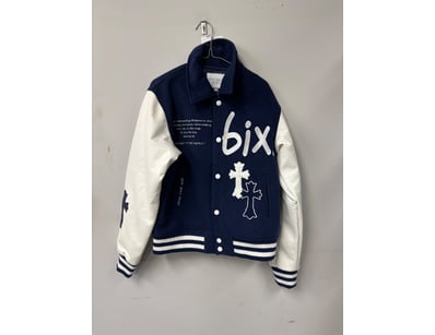 SINCE6IX varsity jacket in navy and cream colorway...
