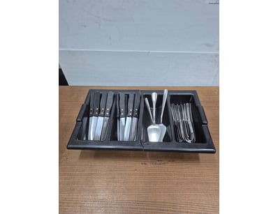 Tray of steak knives, cake spatula, dinner knives....
