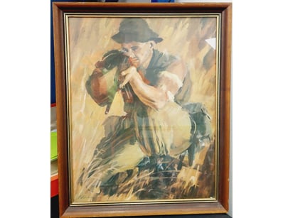 VINTAGE OIL PAINTING - FISHERMAN IN RAIN WITH CATC...