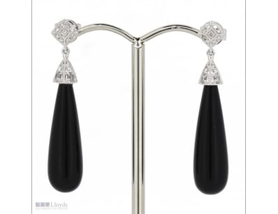 14K WHITE GOLD, ONYX AND DIAMOND, DROP EARRINGS.  ...